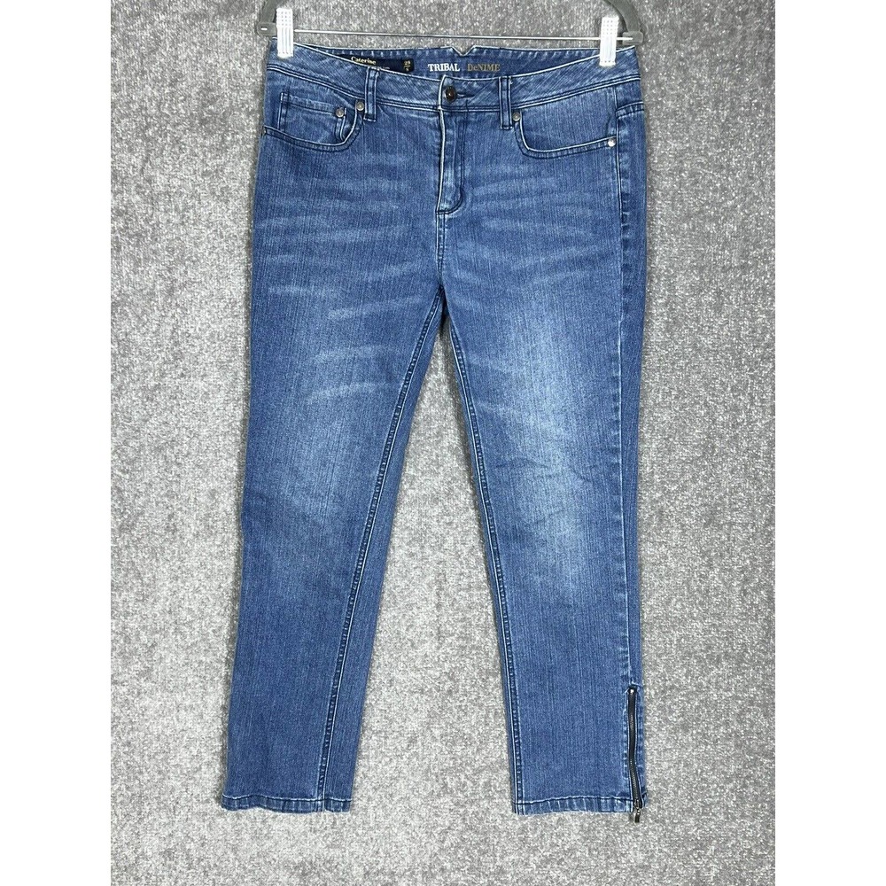 Tribal‎ Denime Caterine Cropped Jeans Womens Size 8 Stretch Blue Zippered Hem